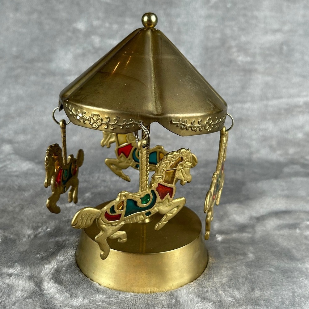 Vintage Enesco Brass Carousel Waltz Musical Box Stained Glass Horses 1985 Taiwan